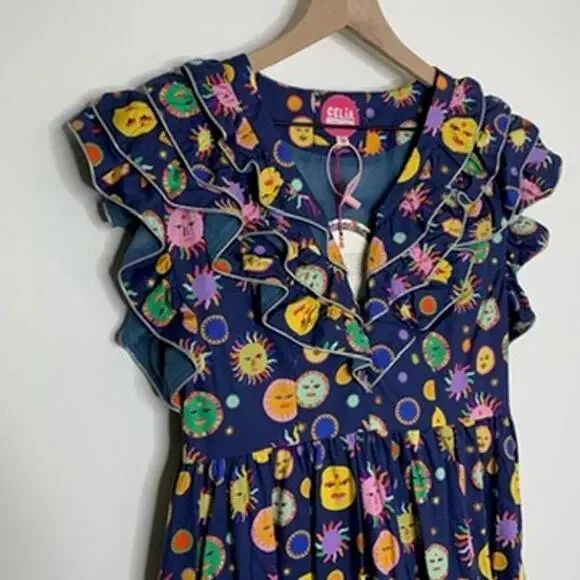 Celia B Atlas Dress Midi Navy Multi Womens New Size Medium Summer Belted - Picture 6 of 16